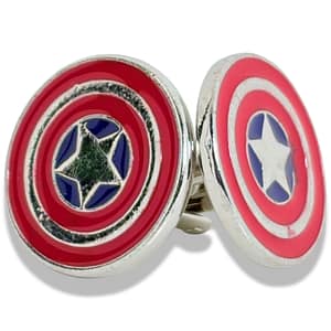 Captain America cufflinks with red, white, and blue shield design.