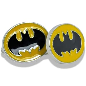 Batman cufflinks with yellow and black logo.